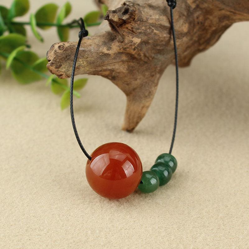 Natural Red Agate and Green Jade Bead Pendant Necklace on Adjustable Black Cord - Symbol of Balance and Prosperity