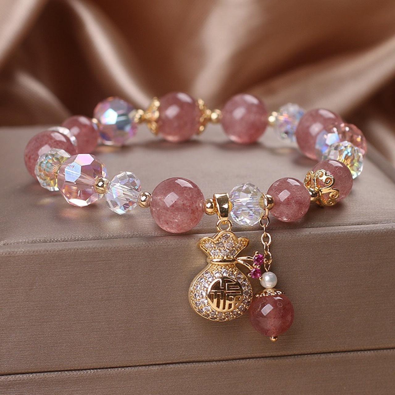 Women's Diamond Purse Natural Strawberry Quartz Bracelet