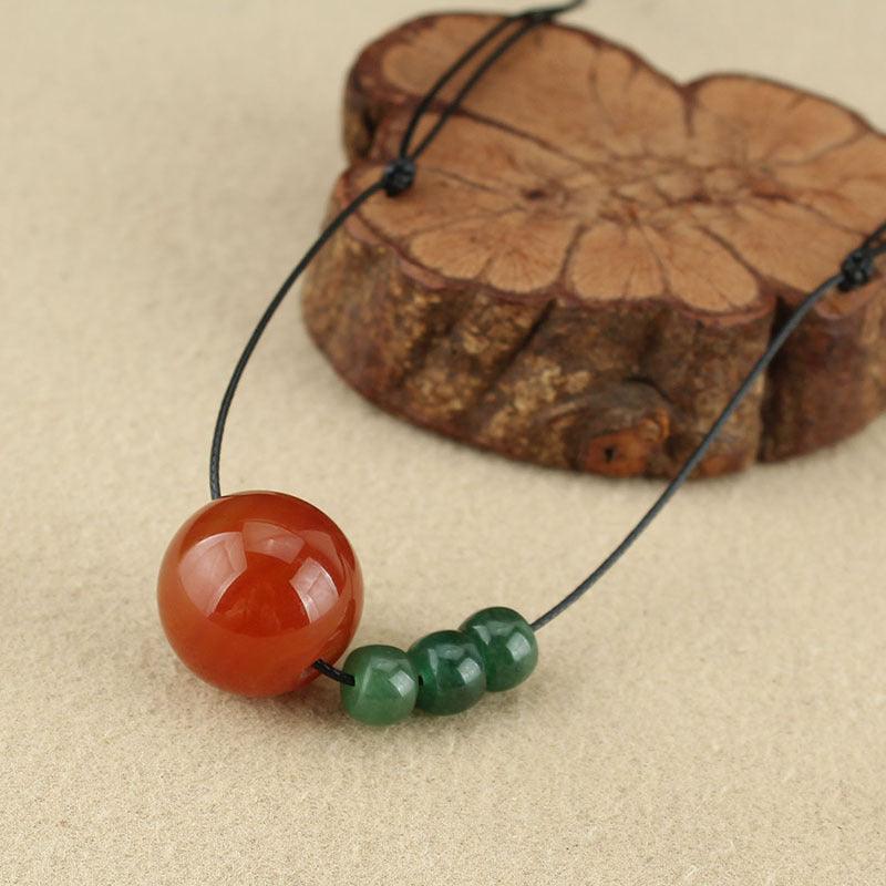 Natural Red Agate and Green Jade Bead Pendant Necklace on Adjustable Black Cord - Symbol of Balance and Prosperity
