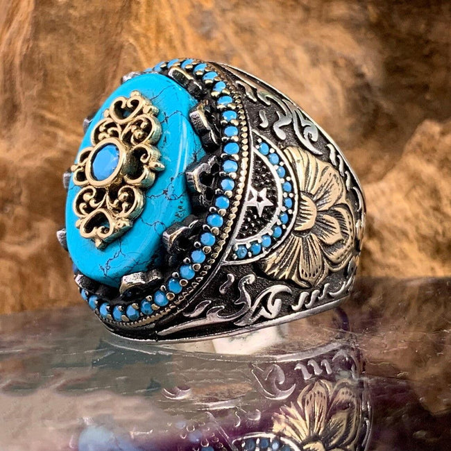 Turquoise-Color Pattern Ring – Vintage Statement Style