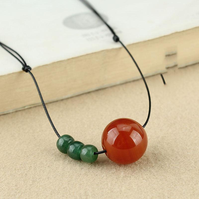 Natural Red Agate and Green Jade Bead Pendant Necklace on Adjustable Black Cord - Symbol of Balance and Prosperity