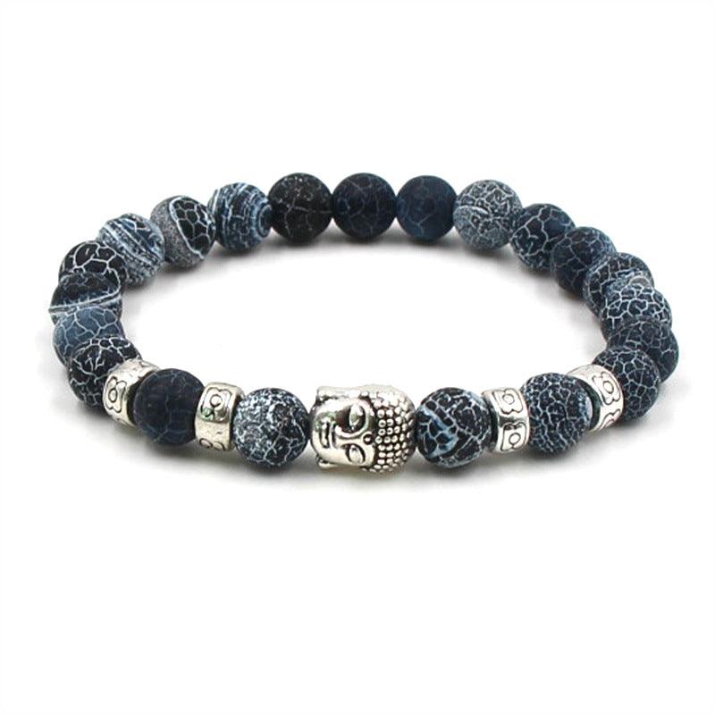 Black crackle agate Buddha bracelet with silver accents, symbolizing protection and spiritual grounding.