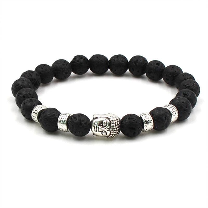 Black lava stone Buddha bracelet with silver accents, symbolizing grounding and inner strength.