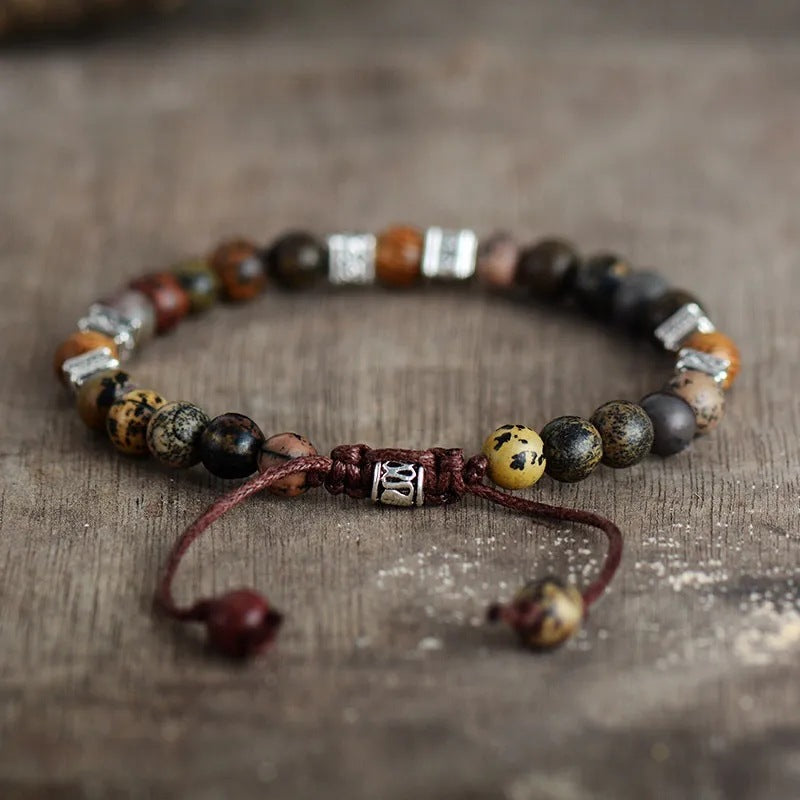Bohemian adjustable cord agate bracelet for men featuring a mix of natural gemstones and wood-grain stone