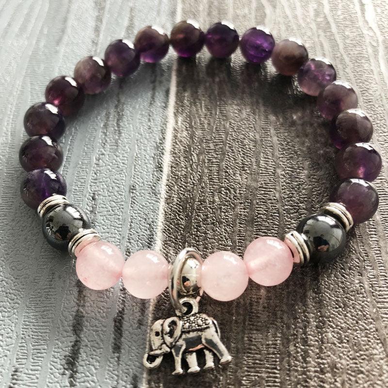 Amethyst mala bracelet with elephant charm for meditation and mindful wear