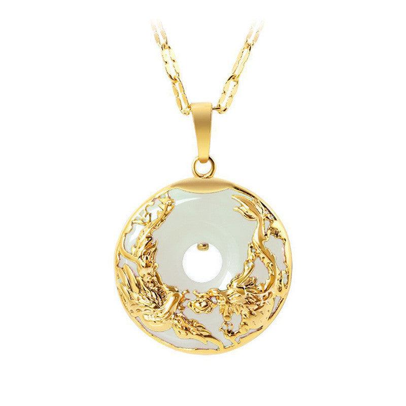 Close-up of the white stone pendant adorned with intricate golden dragon accents, highlighting the luxurious contrast between the white stone and gold detailing.
