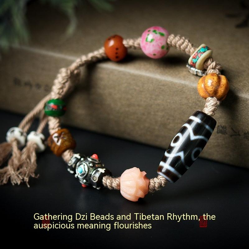 Close-up view of the corded bracelet, highlighting the natural textures and the carefully chosen Tibetan beads.