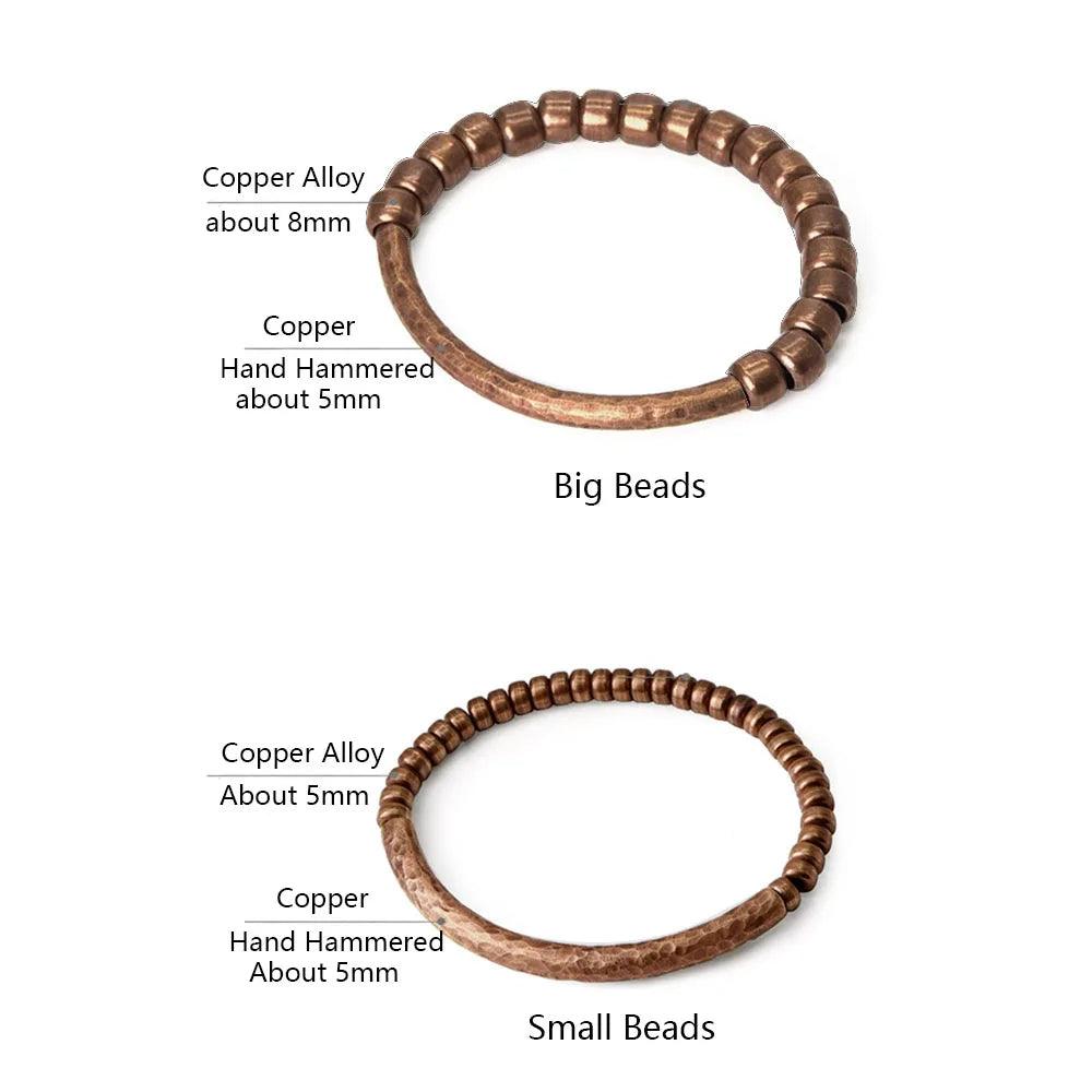 Copper bracelets featuring different bead sizes; large beads with an 8mm diameter and small beads around 5mm, crafted from copper alloy and showcasing a natural hammered finish.