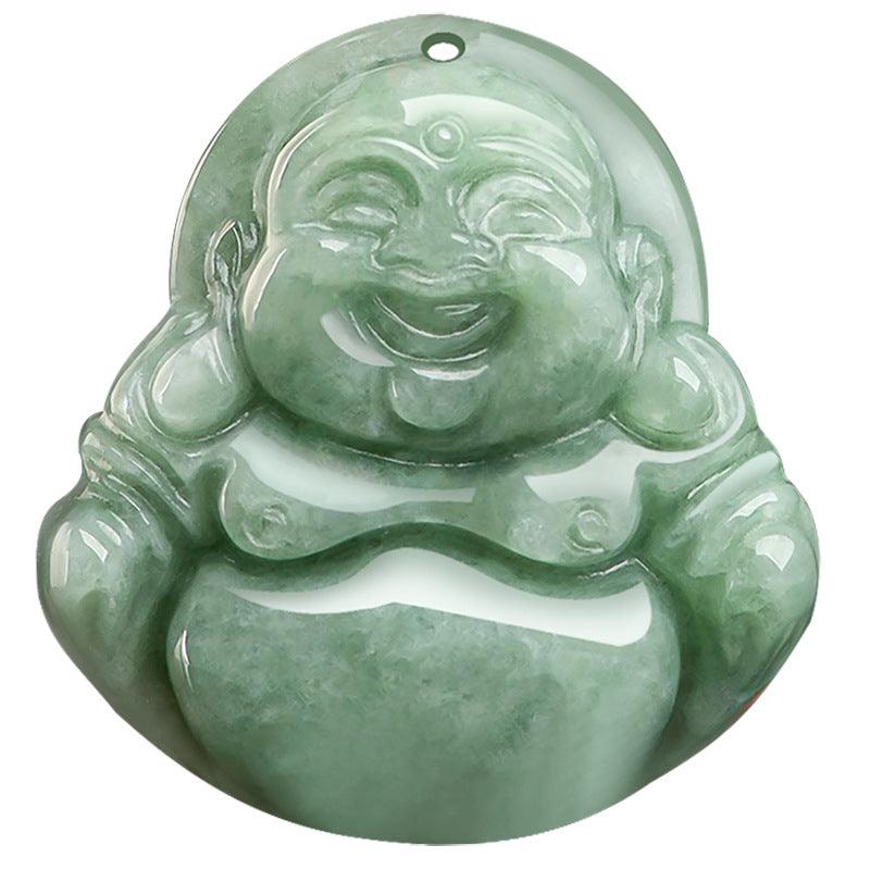 Detailed shot of the jade Maitreya Buddha pendant, highlighting the smooth texture and polished finish.