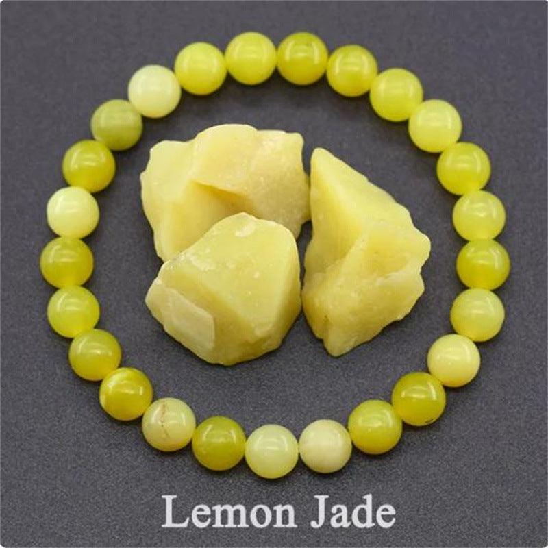 Detailed view of the lemon jade beads, highlighting the smooth craftsmanship and calming yellow hue.