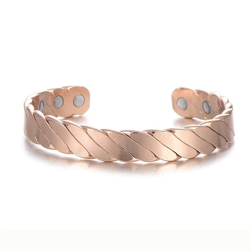 Durable copper bracelet with a twisted design and magnets, ideal for daily wear and wellness.