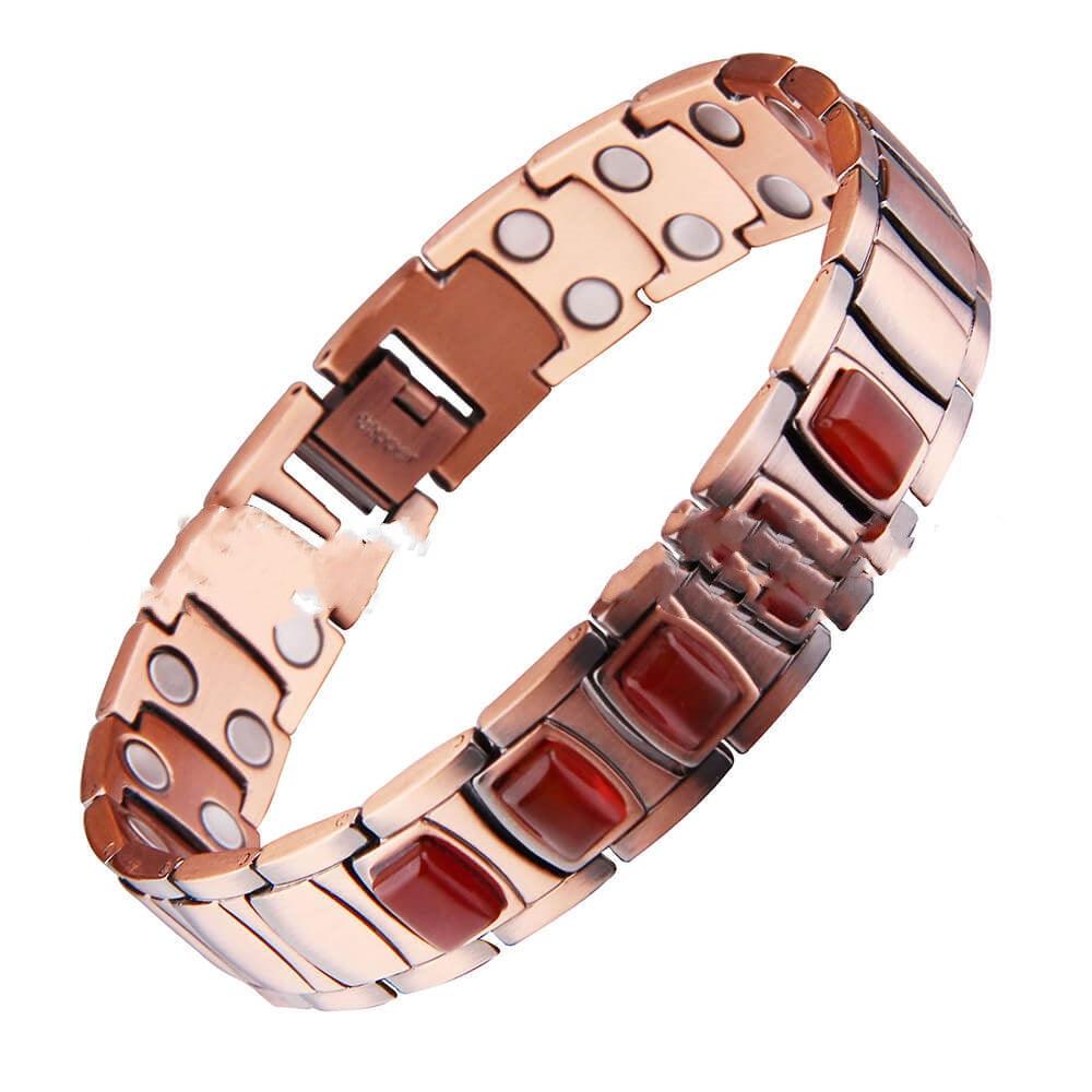 Elegant copper bracelet with red agate inlays, adding a touch of warmth and vitality.