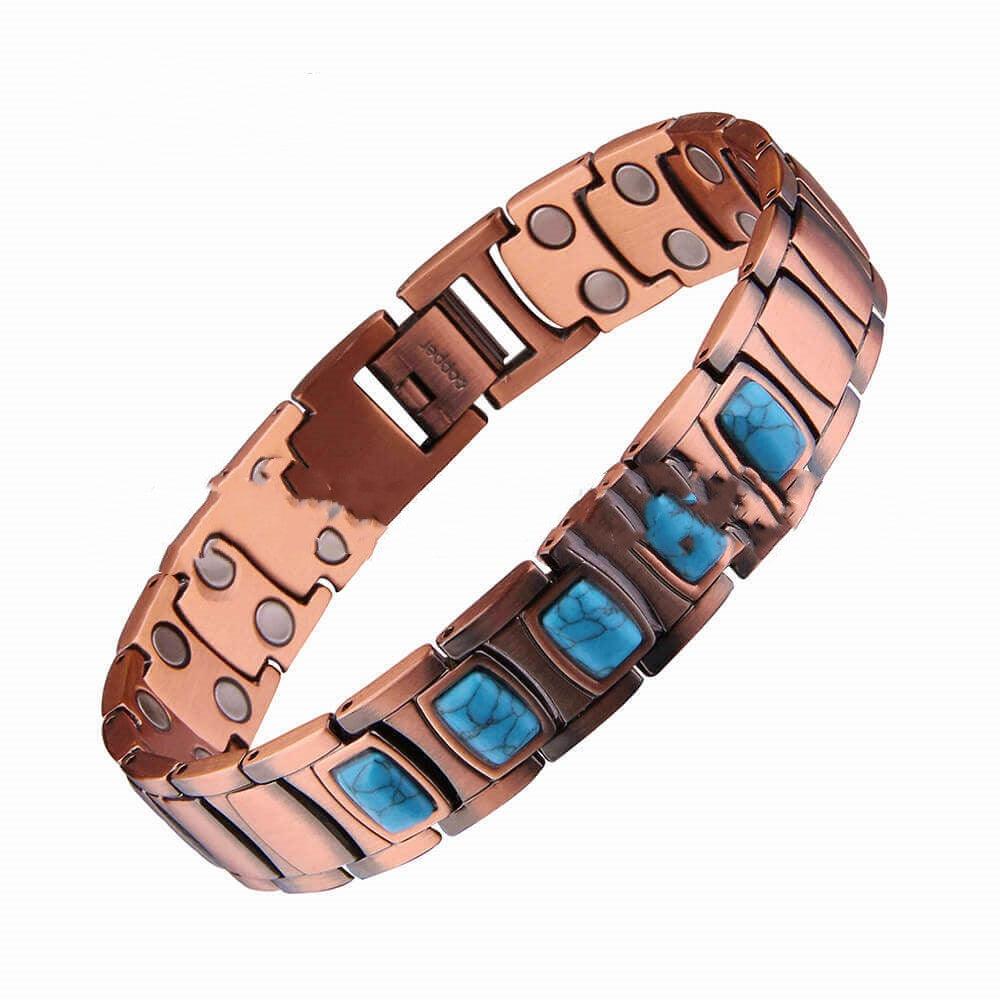 Elegant copper bracelet with turquoise inlays, adding a touch of color and serenity.