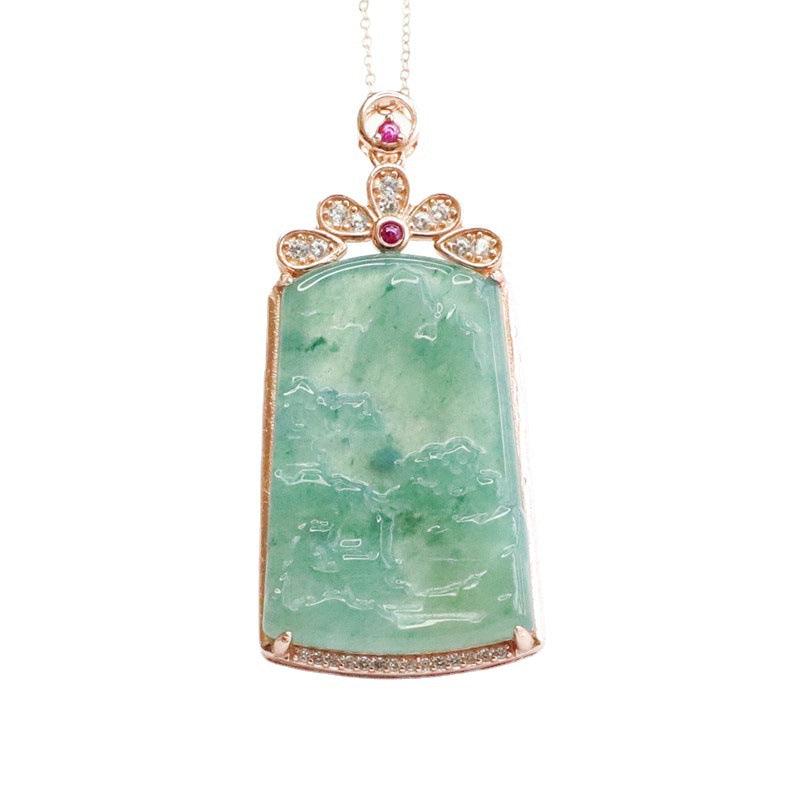 Elegant ice-blue jade pendant on a silver chain, adding a touch of tranquility and grace.