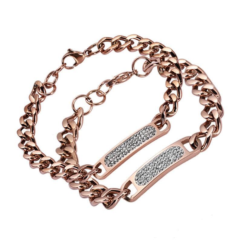 Elegant rose gold couple bracelet set with sparkling accents, symbolizing timeless love.