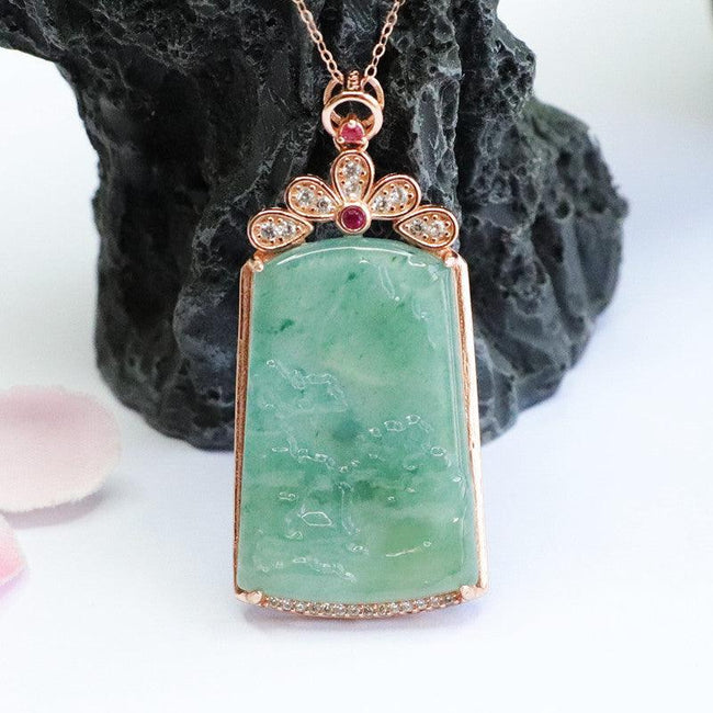 Silver-Inlaid Natural Jade Pendant Necklace