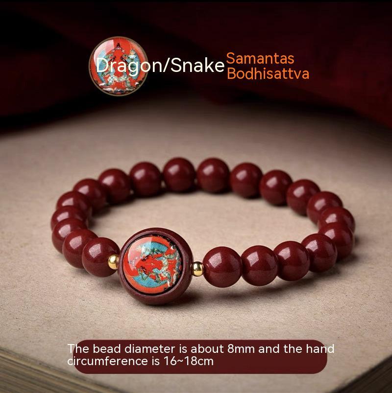 Full view of a cinnabar bracelet featuring the Samantabhadra Bodhisattva, designed for those born in the Year of the Dragon and Snake.