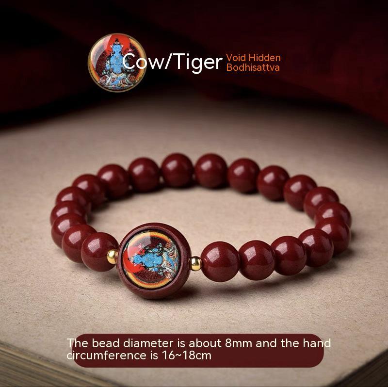 Full view of a cinnabar bracelet featuring the Void Hidden Bodhisattva, designed for those born in the Year of the Cow and Tiger.