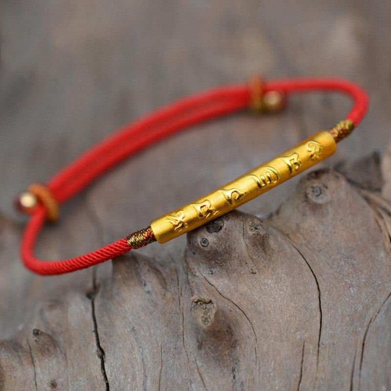 Full view of the Six-Word Mantra red rope bracelet, symbolizing spiritual protection and blessings, crafted to bring peace and courage.