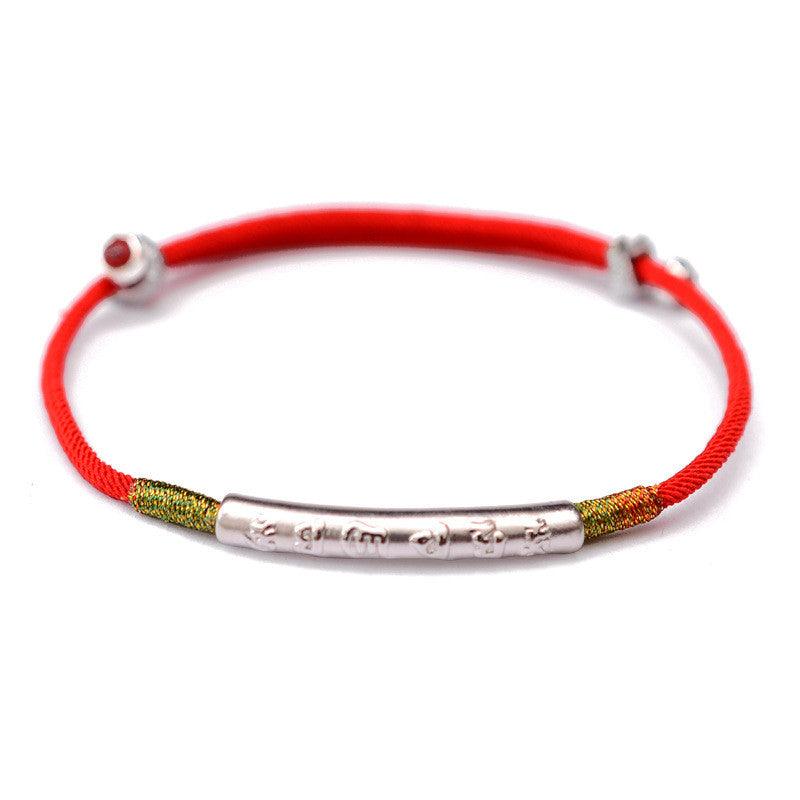 Full view of the silver Six-Word Mantra red rope bracelet, embodying spiritual peace and strength, ideal for protection and blessing.