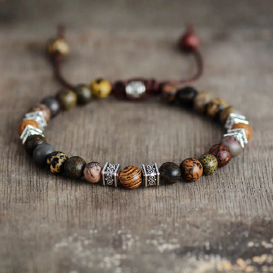 Handmade natural agate bracelet for men featuring mixed agate beads, wood-grain stone, and vintage silver spacers