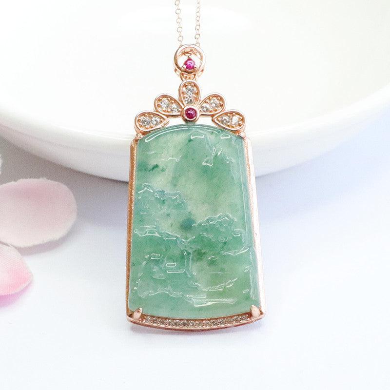 Close-up of ice-blue pendant with silver-tone metal setting