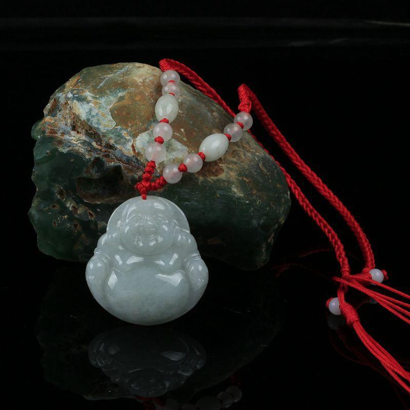 Joyful Laughing Buddha jade pendant with red string necklace, symbolizing happiness, luck, and positivity, crafted from natural jade with smooth finishing.