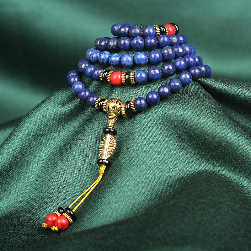 Lapis Lazuli mala necklace with traditional 108 beads, designed for meditation and inner peace.