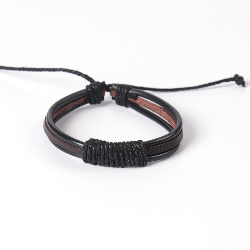 Layered bracelet set with adjustable leather, wood, and cord designs, perfect for daily wear.