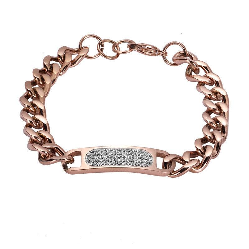 Luxurious rose gold bracelet featuring a crystal-encrusted bar, ideal for sophisticated styling.