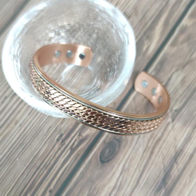 Magnetic copper bracelet with three embedded magnets, designed for style and potential wellness benefits, perfect for daily wear.