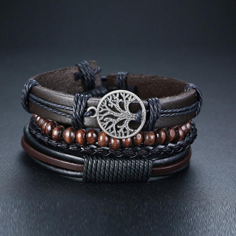 Men's leather and wood bead bracelet with a Tree of Life pendant for a rustic and spiritual look.