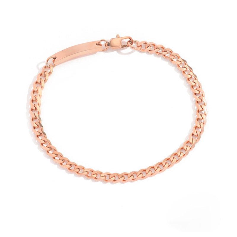 Minimalist rose gold chain bracelet with a polished finish, displayed on a white background to emphasize its elegant design.
