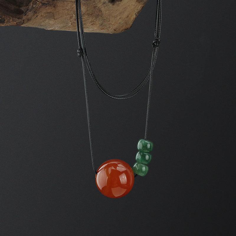 Natural Red Agate and Green Jade Bead Pendant Necklace on Adjustable Black Cord - Symbol of Balance and Prosperity