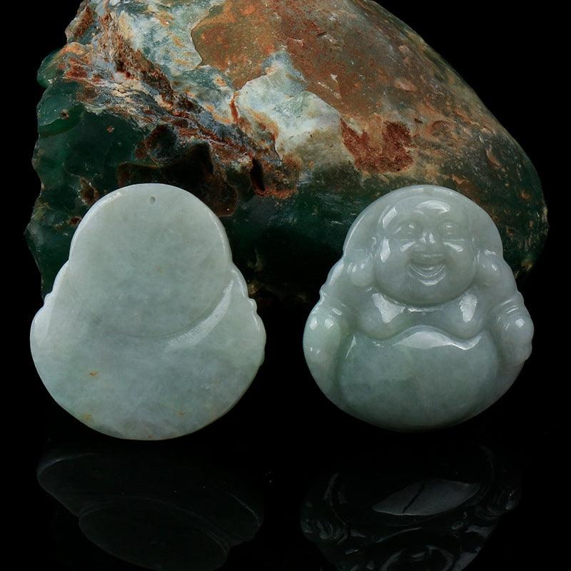 Natural jade Buddha pendant symbolizing joy and prosperity, featuring a smooth, polished finish with intricate details, perfect for spiritual or symbolic jewelry enthusiasts.