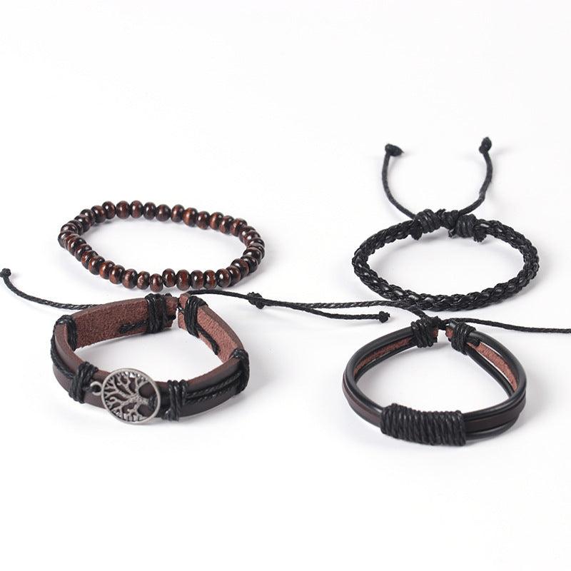 Set of multi-layered bracelets with leather, wood, and woven designs for a bohemian style.