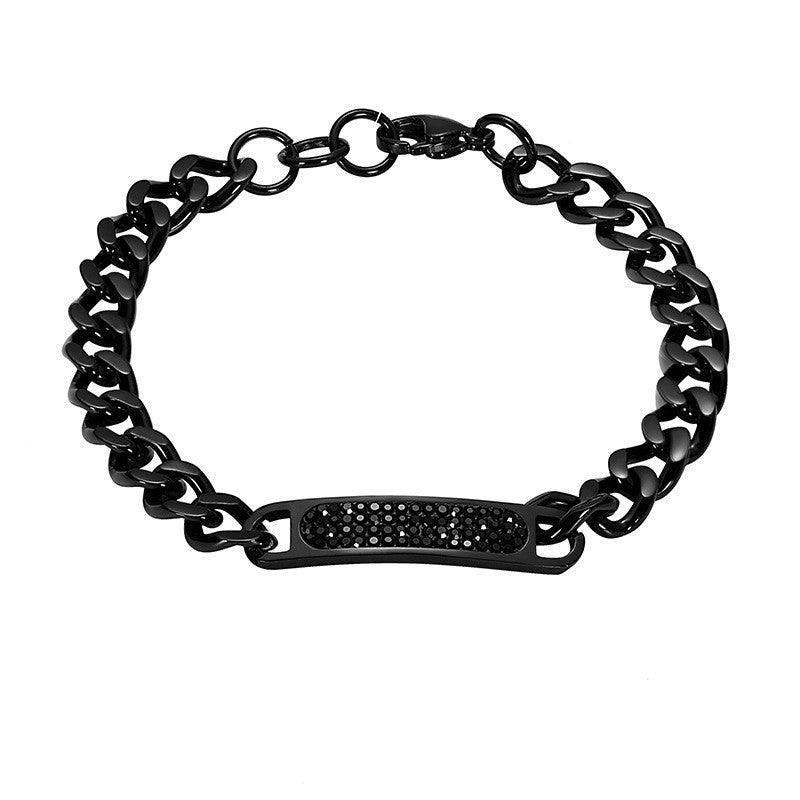 Sleek black chain bracelet with a sparkling crystal accent, perfect for a bold, modern look.