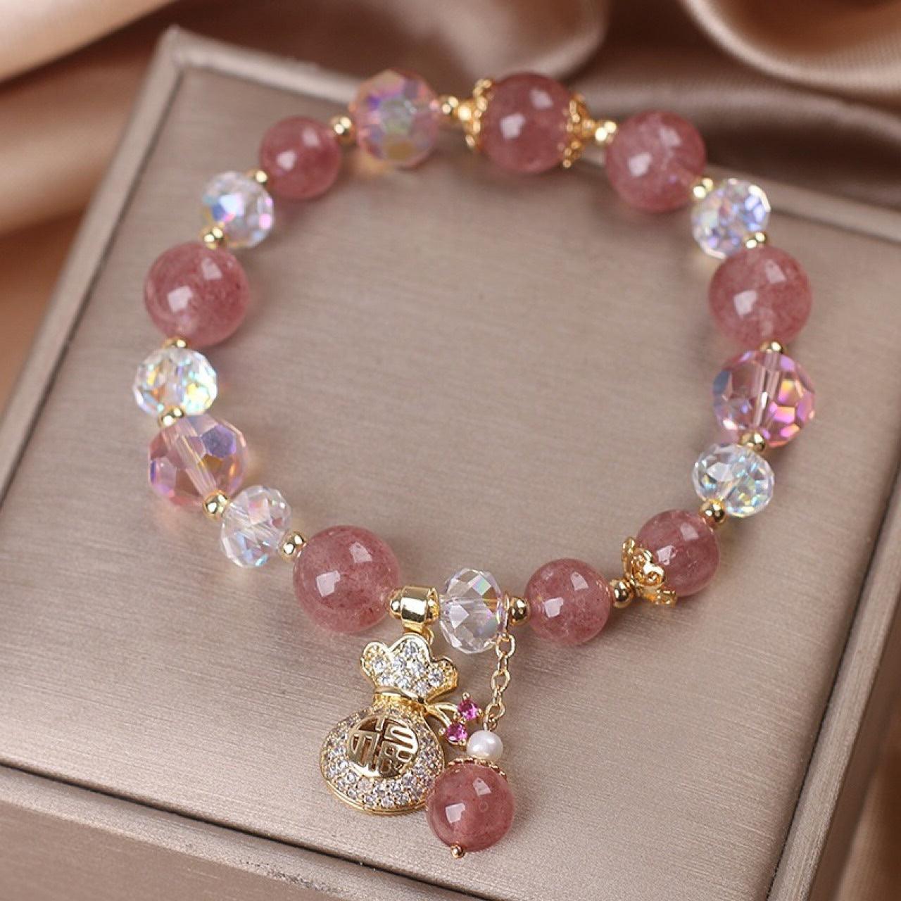 Women's Diamond Purse Natural Strawberry Quartz Bracelet