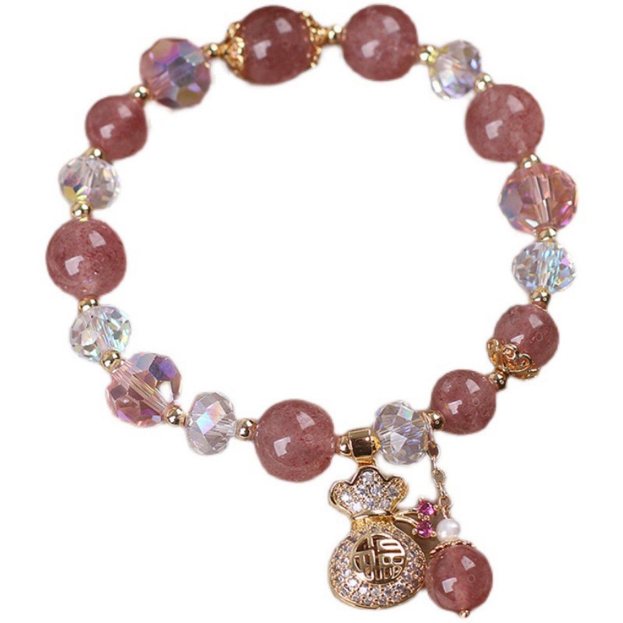 Women's Diamond Purse Natural Strawberry Quartz Bracelet