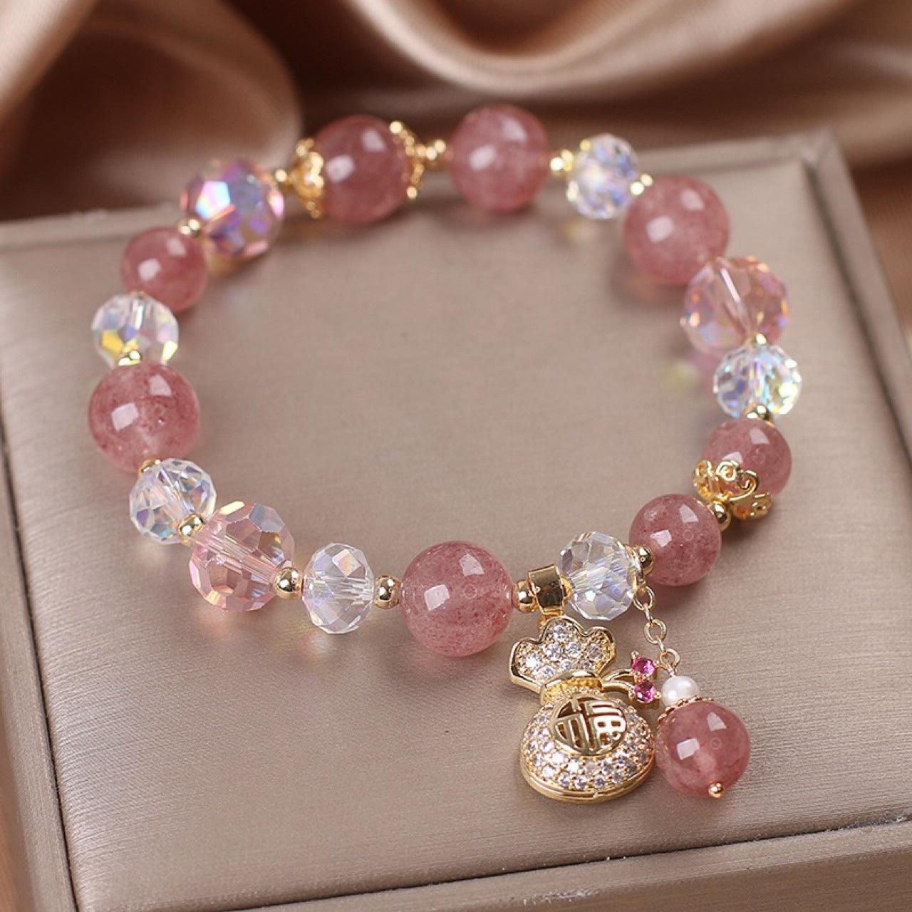 Women's Diamond Purse Natural Strawberry Quartz Bracelet