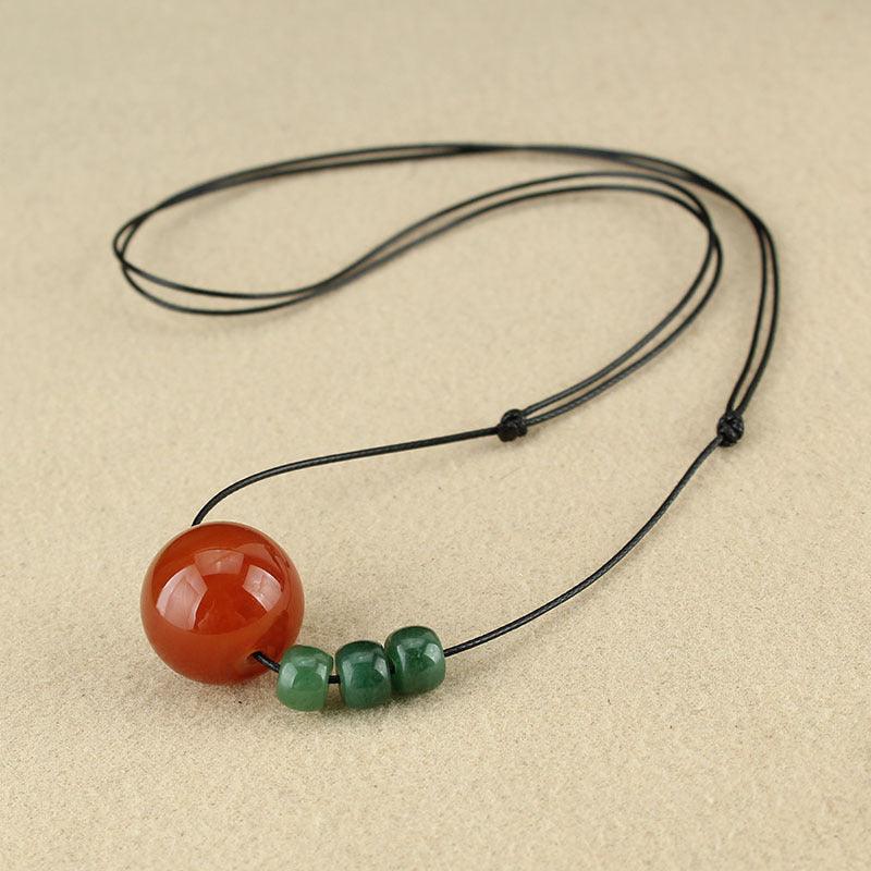 Natural Red Agate and Green Jade Bead Pendant Necklace on Adjustable Black Cord - Symbol of Balance and Prosperity
